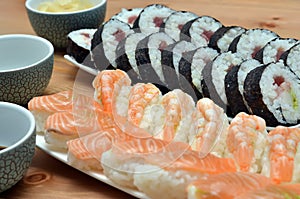 Detail of maki sushi rolls and nigiri sushi japan food on the table