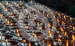 Detail of Many red votive candles light with shallow depth of field inside Chinese temple