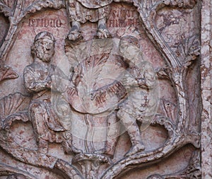 Detail of marble carvings on the Baptistery, Parma