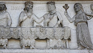 Detail of marble carvings on the Baptistery, Parma, Italy