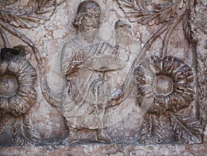 Detail of marble carvings on the Baptistery, Parma, Italy