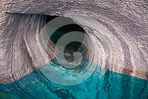 Detail of the marble cathedral in lake General Carrera with blue