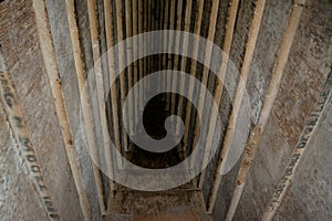 Detail of the massive corbel-vaulted ceiling of burial chamber of the red north pyramid of Dahshur of king Sneferu, named for the