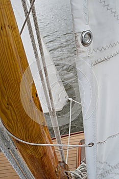 Detail of mast and sail of sailing boat, while under sail