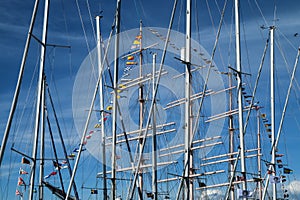 The detail of the masts and sails of theold historic sailboat.