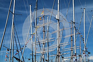The detail of the masts and sails of theold historic sailboat. photo