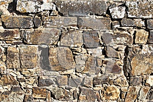 Detail of medieval castle wall of large and small blocks of natural stone