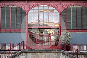 Detail of the Mercado Ferreira Borges building. Red building. Music Venue - Hard club