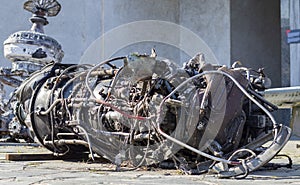 Detail of the Mi-24 helicopter. Remains of a destroyed Russian Air Force combat helicopter Hind Crocodile. Engine rotor, blades,