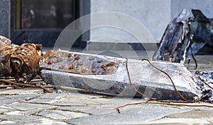 Detail of the Mi-24 helicopter. Remains of a destroyed Russian Air Force combat helicopter Hind Crocodile. Engine rotor, blades,