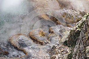 Detail of mineral deposit in the fumaroles in Furnas area Sao Miguel island, Azores, Portugal