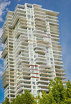 Detail of modern high-rise building. High rises in Kelowna downtown on a sunny summer day