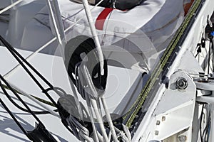 Detail of modern sailing Pulleys on racer boat