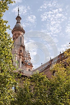 Detail of Moorish tower and dome of the Plaza de EspaÃ±a palace, Seville SPAIN photo