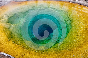 Detail of Morning Glory Pool water with beautiful blue-green-yeellow colors in Yellowstone National Park, Wyoming