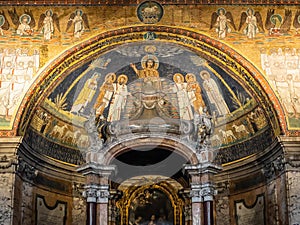Detail of mosaic decorating dome interior in roman catholic church