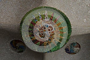 Detail of Mosaic Tiles in the Roof of Sala Hipostila in The Park GÃÂ¼ell in Barcelona, Spain photo