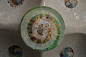 Detail of Mosaic Tiles in the Roof of Sala Hipostila in The Park GÃÂ¼ell in Barcelona, Spain photo