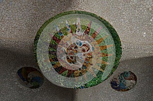 Detail of Mosaic Tiles in the Roof of Sala Hipostila in The Park GÃ¼ell in Barcelona, Spain
