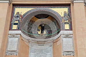 Detail mosaics of exterior Holy Stairs building. Rome, Italy