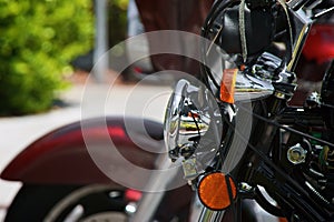 Detail of motorcycle front end with headlight