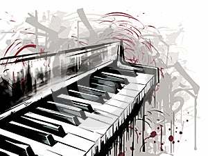 Detail of a music keyboard with notes grunge background in hand-drawn style