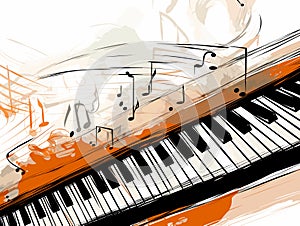 Detail of a music keyboard with notes grunge background in hand-drawn style