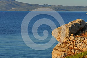 Detail of nature before sunset of the mountains, sea and rocks of Monemvasia