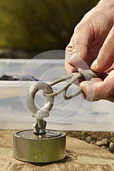 Detail of neodymium strong magnet prepared for exploring of river