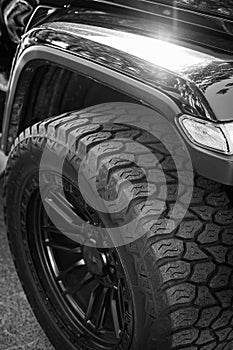 Detail of an off-road vehicle tire. Tires for four wheel drive vehicles