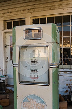 Detail of an old and abandoned gas dispenser at a gas station in Maryhill