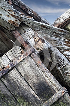 Detail of an old abandoned ship in a ship cemetery, Camaret Sur