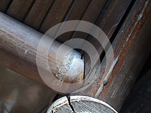 Detail of an old bamboo table in the sunshine. Close up of bamboo table. Empty bamboo table or meja bambu photo