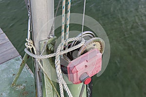 Detail of an old boat lift with ropes