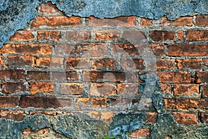 Detail Old Dark Red Brick Wall with Cracked Concrete Background Texture