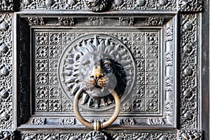 Detail of old door of Cologne Cathedral in Germany.