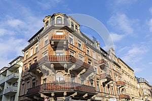 Detail of old historic house facade in Wiesbaden