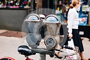 Detail of an old parking meter in New York City, in the neighborhood of Brooklyn. USA