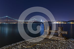 Detail of an old pier in the banks of the Tagus River Rio Tejo with the 25 of April Bridge on the background at night