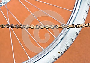 Detail of old road bike - chain, wheel, tire.