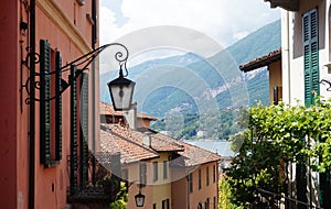 Detail of old scenic streets Salita Serbelloni in Bellagio, picturesque small town street view on Lake Como, Italy photo