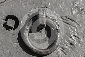 Detail of an old surface with exfoliated paint and rivets on military equipment. Military background