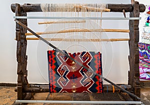 Detail of old Turkish loom for making rugs and carpets. Turkey