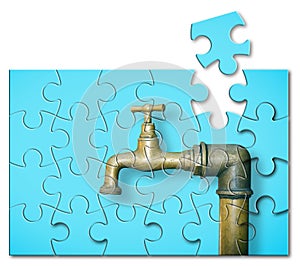 Detail of a old water brass faucet isolated on solid color background - solution concept in jigsaw puzzle shape