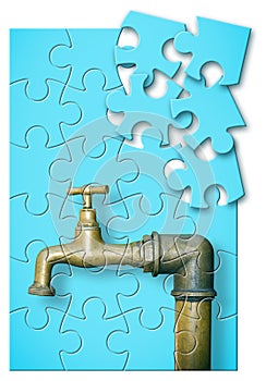 Detail of a old water brass faucet isolated on solid color background - solution concept in jigsaw puzzle shape