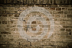 Detail of old and weathered grungy brown brick wall with desaturated colors surface texture background