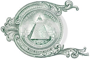 Detail from the one dollar bill, showing the pyramid with eye and the inscription Annuit Coeptis.