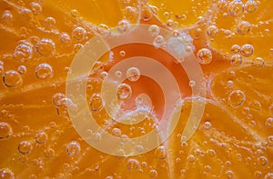 Detail of orange slice in sparkling water.