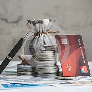 Detail-oriented financial document with currencies, pen, credit card, against neutral backdrop.