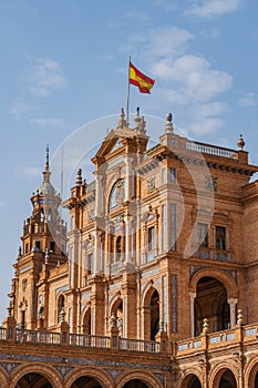 Detail and ornaments of central facade of orange palace in Plaza de EspaÃ±a, Seville SPAIN photo